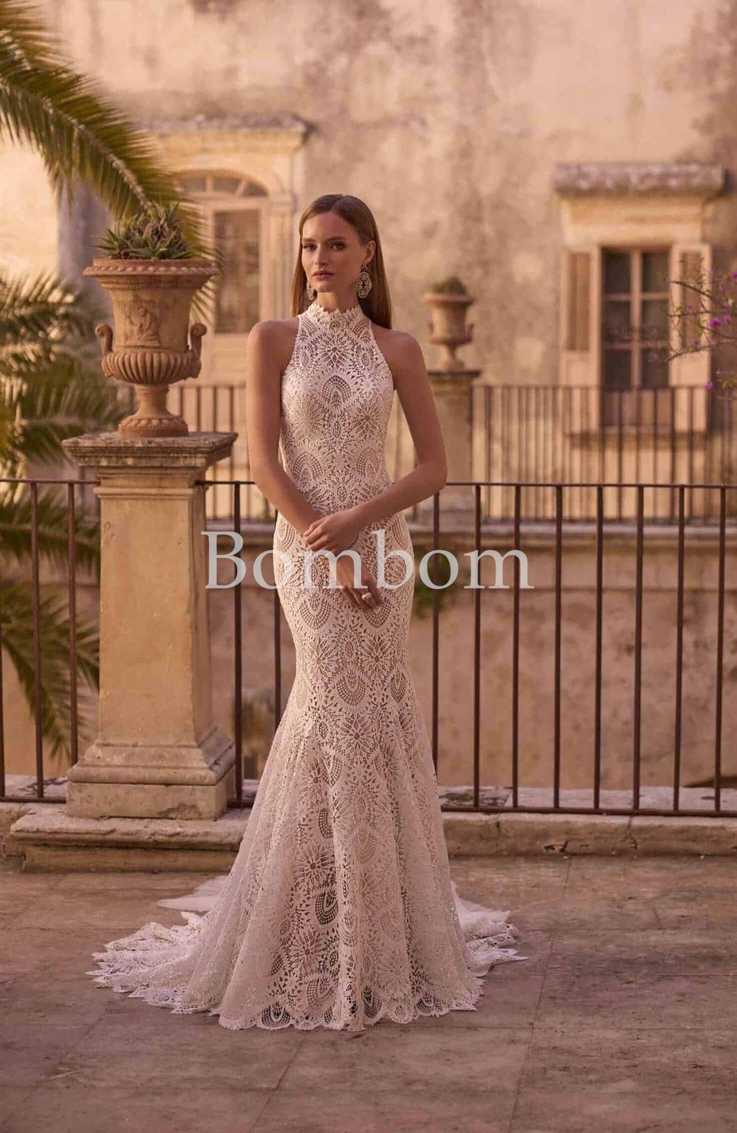 Vestido de novia corte sirena cuello halter crochet - Imagen 1