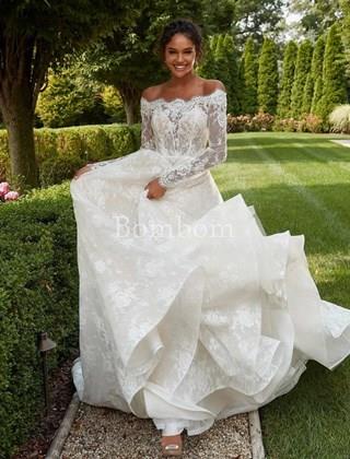 Vestido de novia encaje de chantilly cuello barco - Imagen 1