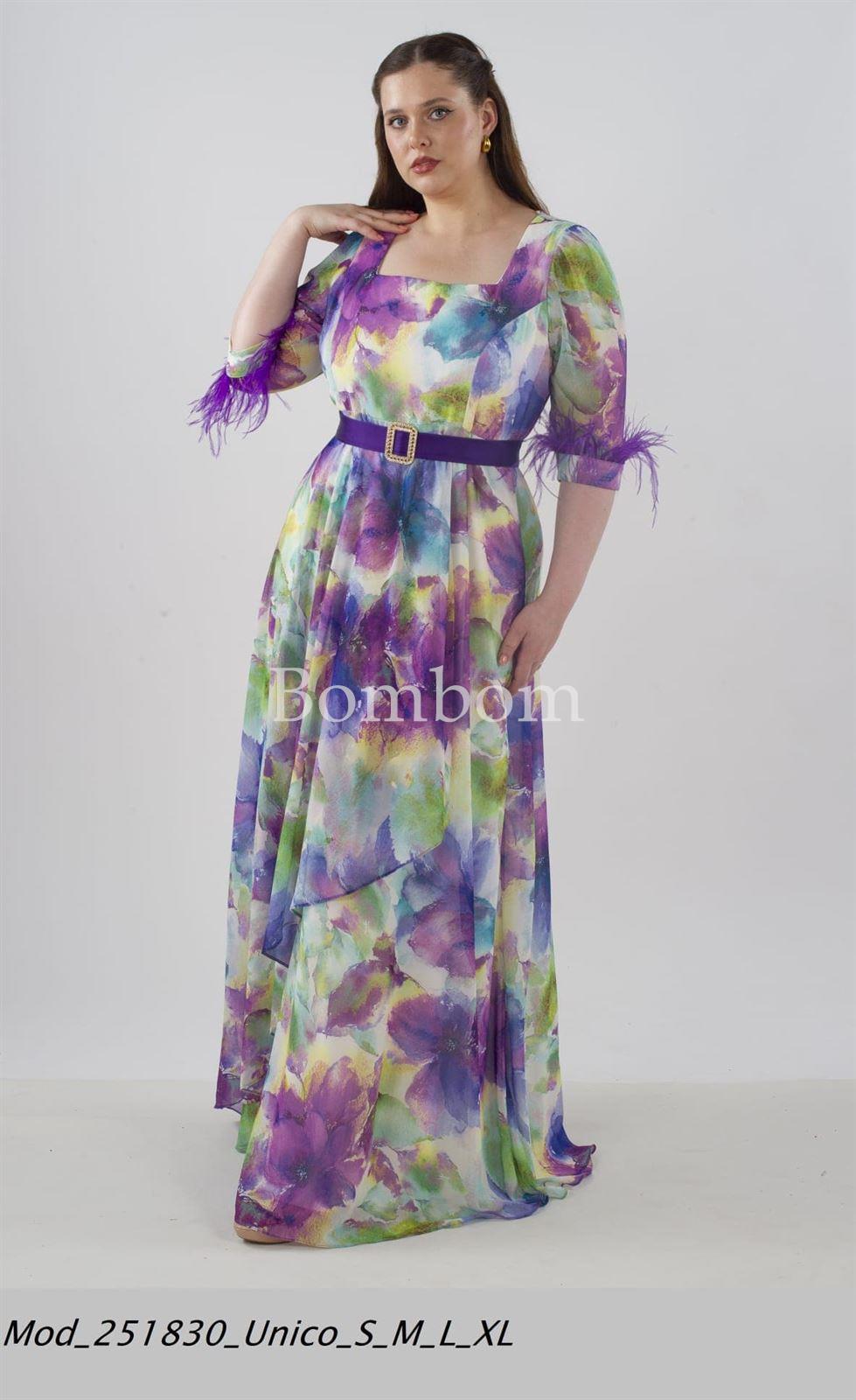 #Vestido multicolor floral con plumas en las mangas - Imagen 1